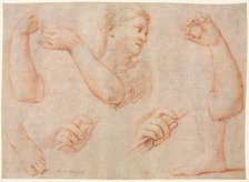 Study of a Young Woman Playing a Tambourine, and Studies of an Arm, Hands, and Feet..., c. 1711. Creator: Marcantonio Franceschini (Italian, 1648-1729).