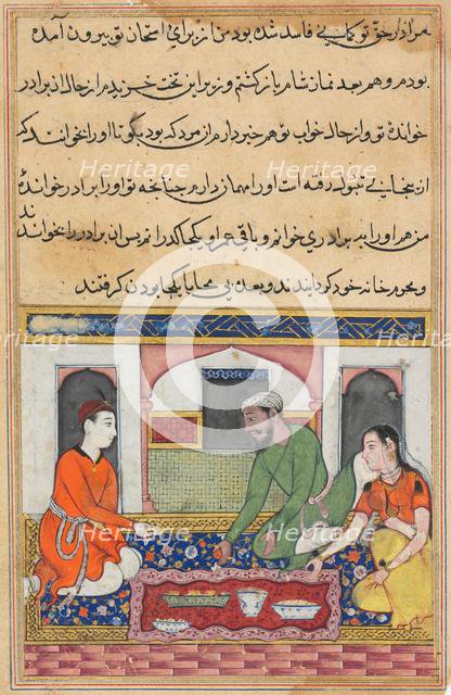 Page from Tales of a Parrot (Tuti-nama): Fortieth night: Shahr-Arai and her husband..., c. 1560. Creator: Unknown.