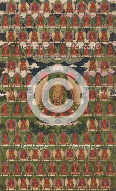 Painted Banner (Thangka) of Amitayus Buddha Surrounded by One Hundred Buddhas, 19th century. Creator: Unknown.