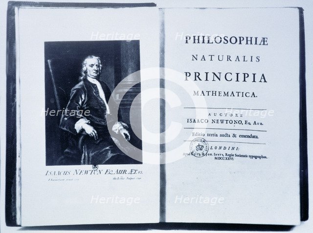 Portrait of Isaac Newton in an edition of his book 'Mathematical Principles of Natural Philosophy…