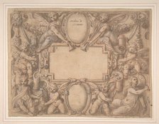 A Cartouche and Two Shields Surrounded by Allegorical Figures., 1570-1631. Creator: Attributed to Andrea Lilli (Lilio).