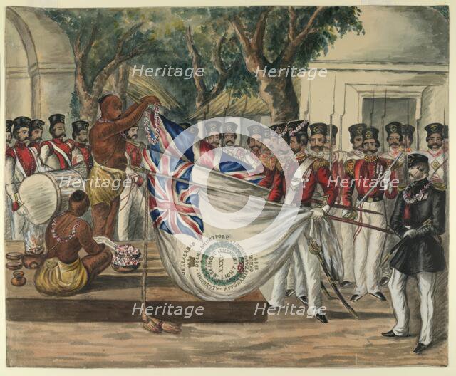 Hindu priest garlanding the flags of the 35th Bengal Light Infantry, c1847.  Creator: Unknown.