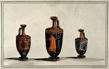 Three Greek wine-jugs (oinochoes); left and right vases decorated with palms; middle..., 1760-1769. Creator: Augustin Dahlsteen.