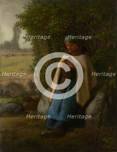 Shepherdess Seated on a Rock, 1856. Creator: Jean Francois Millet.
