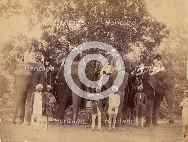 Four Elephants with Western Travellers and Attendants, Jaipur, India, 1860s-70s. Creator: Unknown.