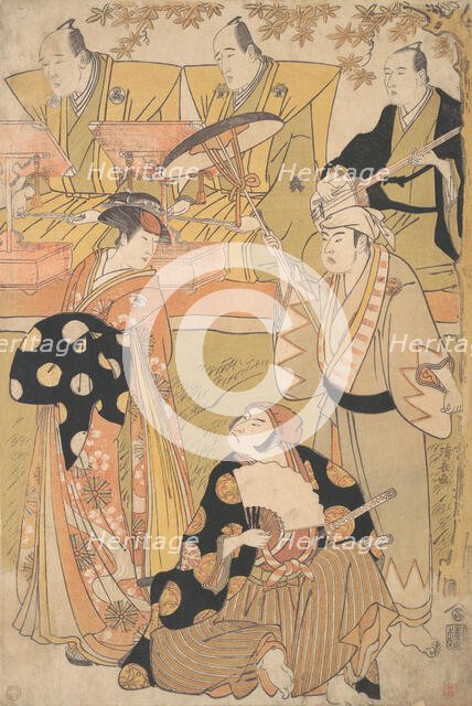 Onoe Matsusuke I as an Oiran Stands at the Left, Talking to Nakamura Nakazo I as a Sam..., ca. 1788. Creator: Torii Kiyonaga.