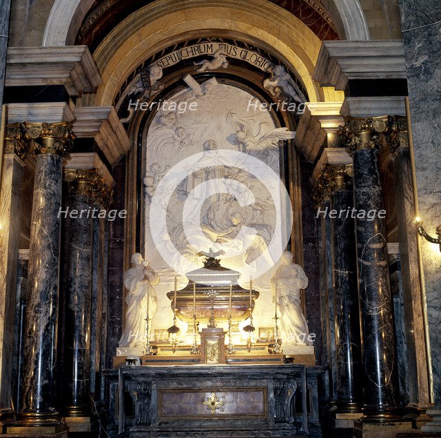 Interior of the chapel of San Pedro de Alcantara, altar with the urn which hold the remains of th…