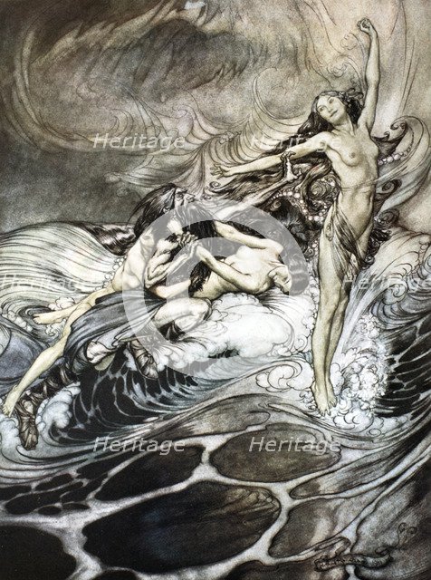'The Rhine Maidens obtain possession of the ring and bear it off in triumph', 1924.  Artist: Arthur Rackham