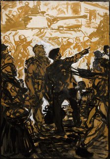 Unity of Strength WWII poster: Troops and tank moving through crowded..., between 1939 and 1946. Creators: Central Office of Information, Unknown.