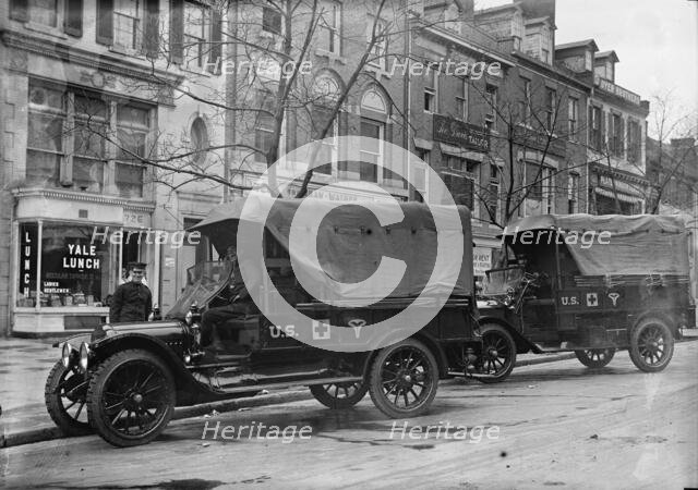 Red Cross, American - Army Trucks And Trailers For Red Cross Supplies, 1917. Creator: Harris & Ewing.