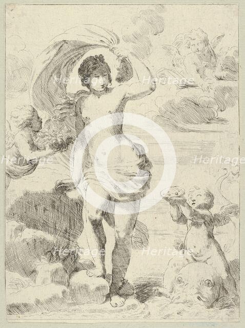 Venus stepping out of the sea, holding a billowing drapery in her left hand, Cupid.., ca. 1600-1640. Creator: Anon.