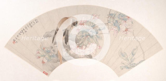 Bird on a Rock by a Flowering Branch, dated 1879. Creator: Ren Xun.