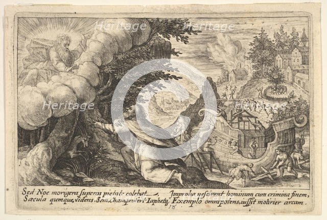 Noah kneeling before God at left, the construction of the ark underway beyond, from a seri..., 1612. Creator: Crispijn de Passe I.