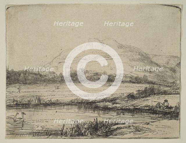 Canal with an Angler and Two Swans, 1650. Creator: Rembrandt Harmensz van Rijn.