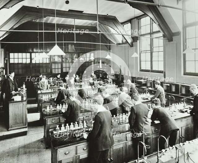 Boys in a chemistry laboratory, Hackney Downs School, London, 1911.  Artist: Unknown.