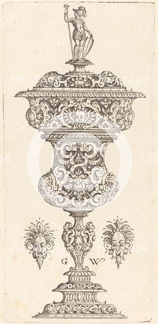 Goblet with lid surmounted by a Roman soldier, published 1579. Creator: Georg Wechter I.