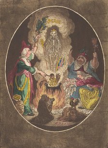 A Phantasmagoria;—Scene-Conjuring-Up an Armed-Skeleton, January 5, 1803., January 5, 1803. Creator: James Gillray.