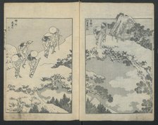 Mount Fuji under a Bridge (left); Mount Fuji behind a Net (right), from One Hundred Vi..., ca. 1847. Creator: Hokusai.