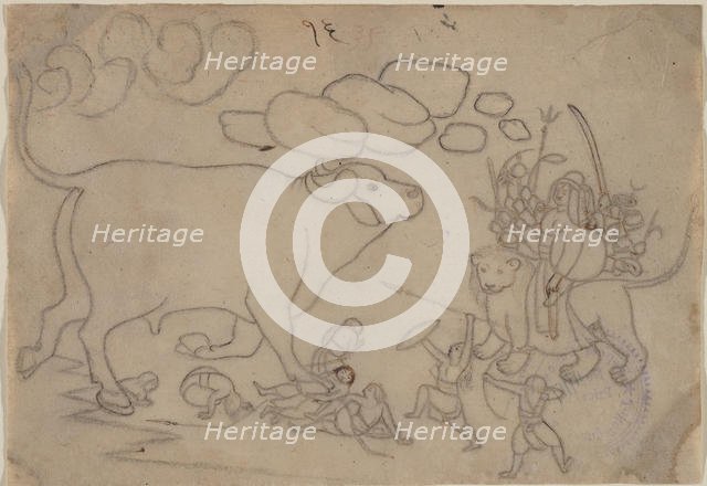 Durga Confronts the Buffalo Demon Mahisha: Scene from the Devi Mahatmya, ca. 1780. Creator: Attributed to a first-generation master after Nainsukh (active ca. 1735-78).