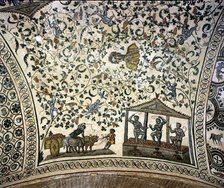 Wine harvest scene and bust of the Emperor Constantine, Mosaic c. 350 AD.