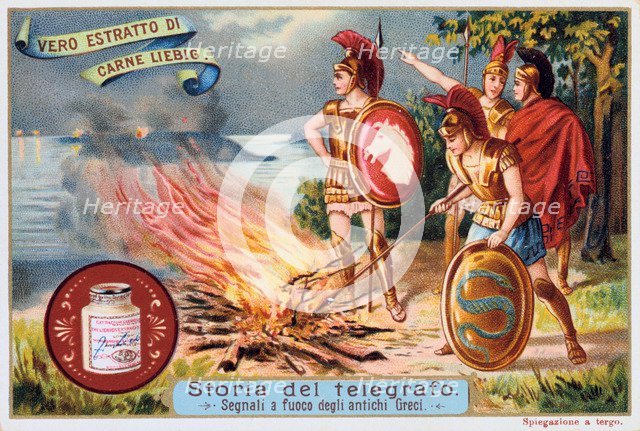 Aerial Telegraph: Ancient Greek soldiers tending a signal fire, c1900 Artist: Anon