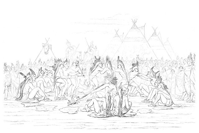 Native American pipe dance, 1841.Artist: Myers and Co