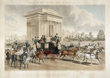 Horse drawn carriages along Hyde Park Corner, London, 1838. Artist: J Harris