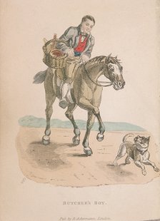 Butcher's boy riding a horse accompanied by a dog running ahead, carrying a basket of meat, c1830. Artist: Anon