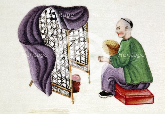 Man drying silkworm cocoons, 19th century. Artist: Unknown