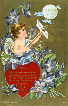 Cupid shooting an arrow carrying a love letter, American Valentine card, 1908. Artist: Anon
