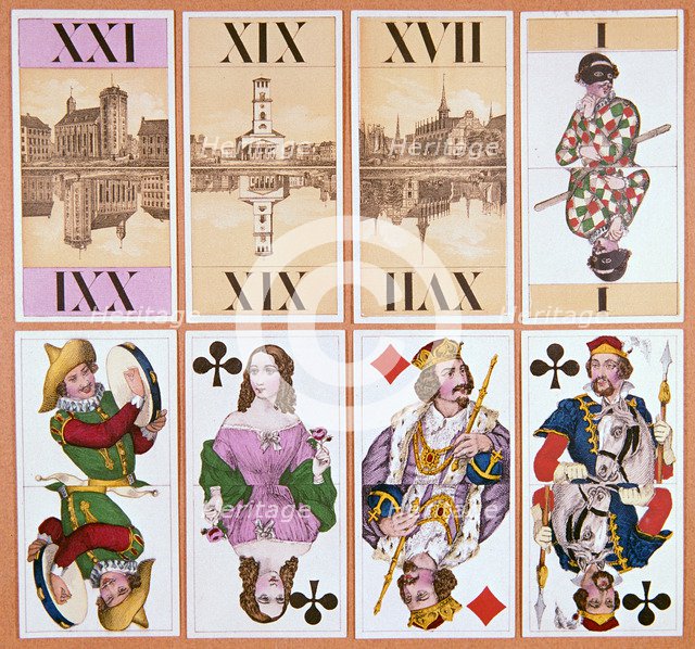 Cards from a Danish tarot pack, 19th century. Artist: Unknown