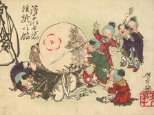 Children Blowing Up Hotei's Belly and Painting It Like Candy, May 1882. Creator: Tsukioka Yoshitoshi.