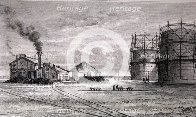 Overview of the gas factory of the Sociedad Cooperativa Gaditana, inaugurated on 9 November 1886,…