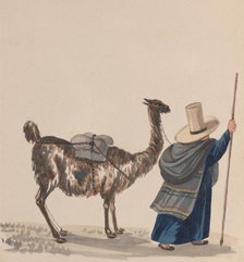 A woman walking with a Llama, from a group of drawings depicting Peruvian costume, ca. 1848. Creator: Attributed to Francisco (Pancho) Fierro.