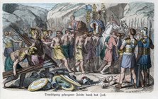 Roman victorious battle, the soldiers forcing the prisoners to pass under the yoke formed by spea…