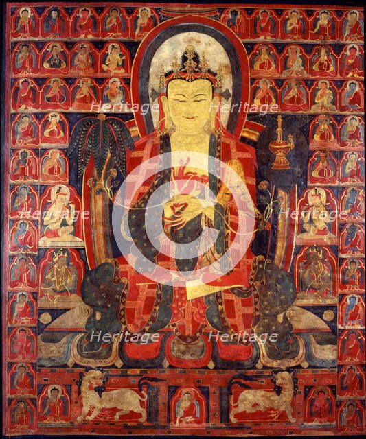 Maitreya with the thirty-five Buddhas of forgiveness of sins and the master of the..., 15th cent. Creator: Tibetan Culture.