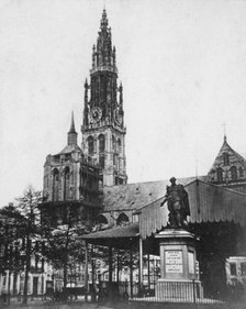 Antwerp Cathedral and statue of the artist Peter Paul Rubens, Belgium, 1867. Artist: Unknown