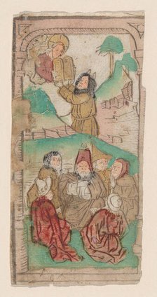 Moses Receiving the Law, illustration from a Biblia Pauperum blockbook, 4th edition, c..., ca. 1465. Creator: Anon.