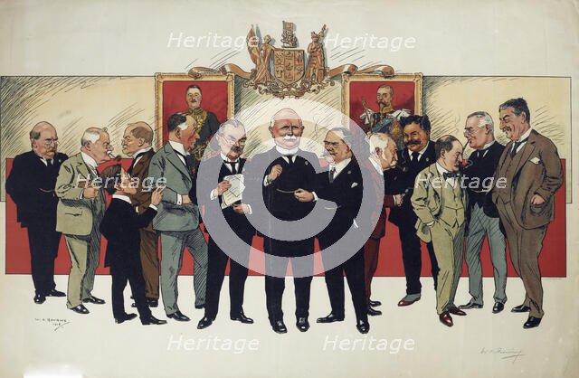 Coloured cartoon of National Cabinet, 1916. Creator: Walter Armiger Bowring.