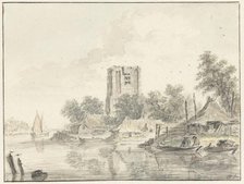 River landscape with a ruined church tower, 1733-1784. Creator: Hendrik Spilman.