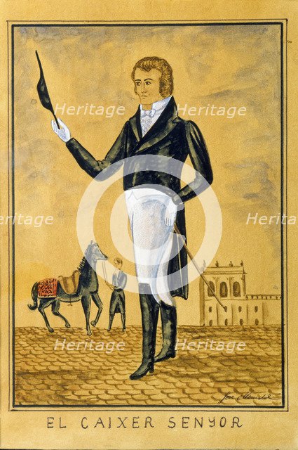 El Caixer Senyor', colored engraving, character of the feasts of St. John in Ciutadella, plays a …