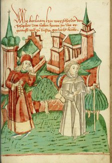 Barlaam Departs as Josaphat Watches him Sadly; Barlaam und Josaphat, 1469. Creators: Hans Schilling, Diebolt Lauber.