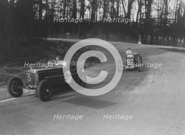 Two Frazer-Nash cars racing at Donington Park, Leicestershire, 1930s. Artist: Bill Brunell.