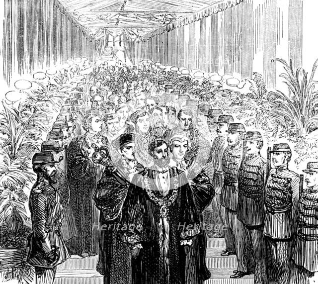 Procession to dinner, led by the Lord Mayor of York, 1873. Creator: Unknown.