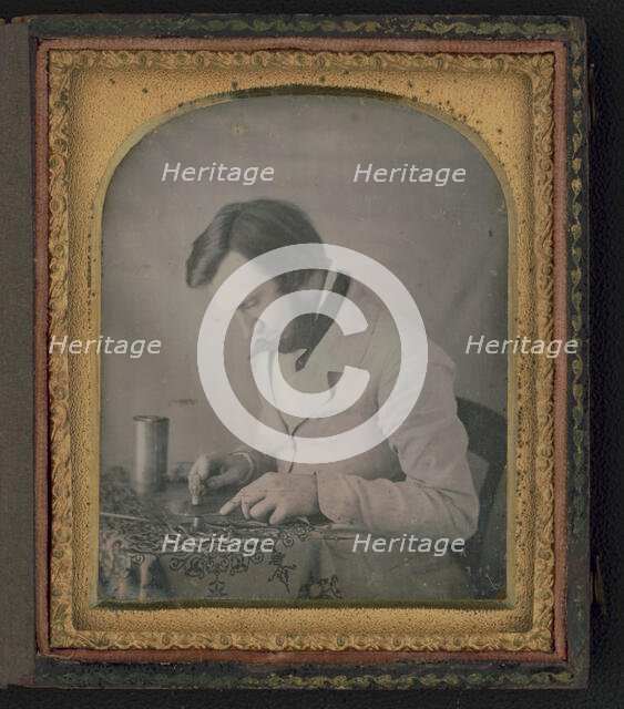 Occupational portrait of a tinworker (?), half-length, left profile..., between 1851 and 1860. Creator: Abraham Bogardus.