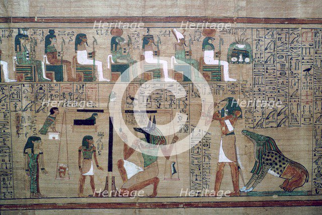 Egyptian papyrus with a depiction of the 'weighing of the heart'. Artist: Unknown
