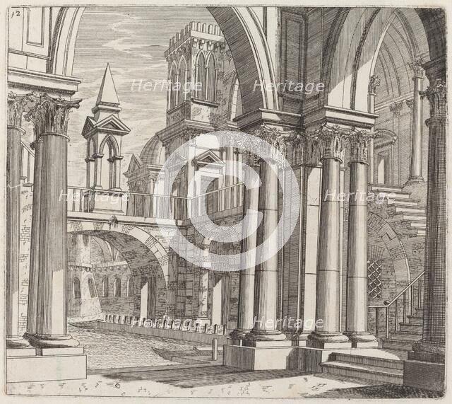 Architectural Fantasy with Buildings, Stairways, and Portals beside a Canal, before 1753. Creator: Giuseppe Antonio Landi.