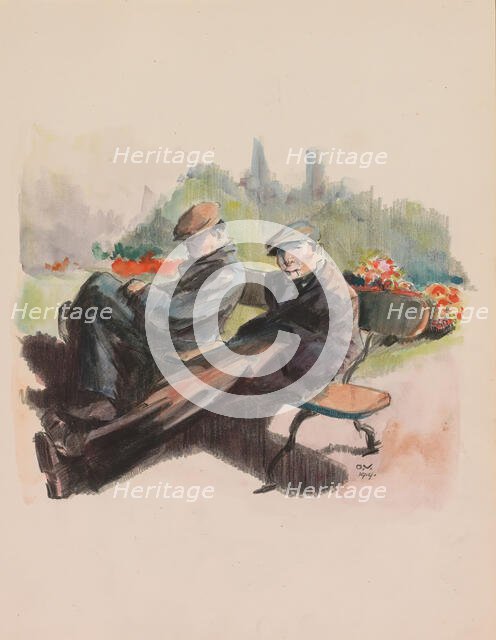 Two men sitting on a bench in a park, 1919. Creator: Otto Verhagen.