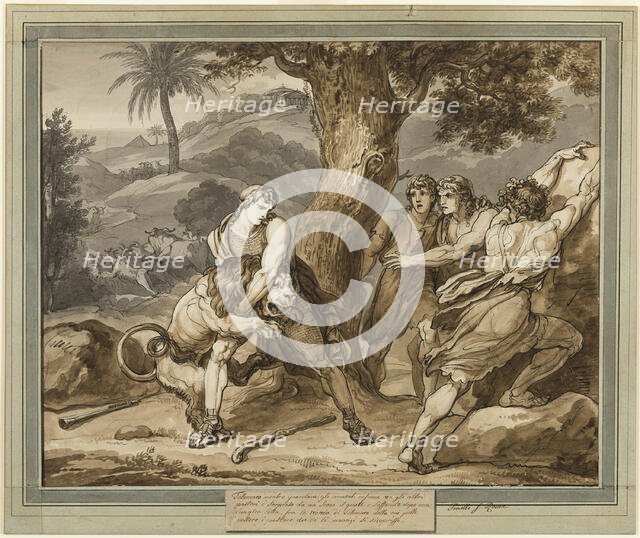 Telemachus Battles the Lion, from The Adventures of Telemachus, Book 2, 1808. Creator: Bartolomeo Pinelli.