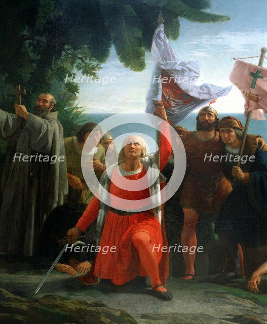 Christopher Columbus, first landed in America, oil, 1862.